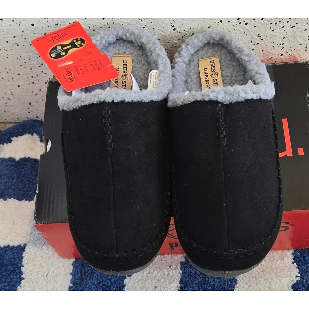 Deer Stags Nordic Slipperooz Black‎ Microsuede Faux Fur Slippers Mens 11 Unisex